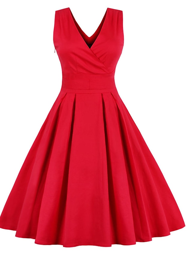  Damskie Sukienka A-line Czerwony Mini sukienka - Bez rękawów Solidne kolory Głęboki dekolt w serek Vintage Moda miejska Impreza Wyjściowe Łuk Czerwony M L XL XXL