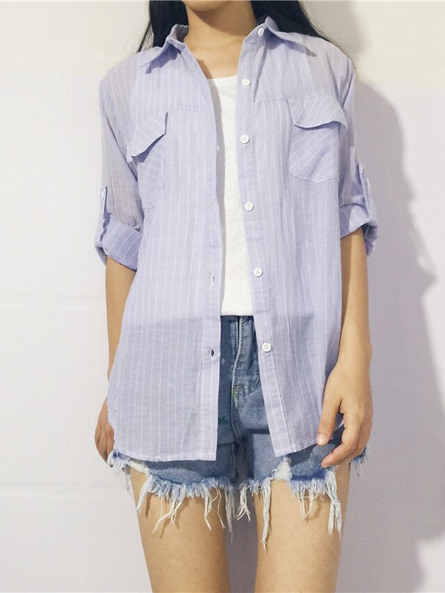  Women's Active Cotton Shirt - Striped Shirt Collar / Summer