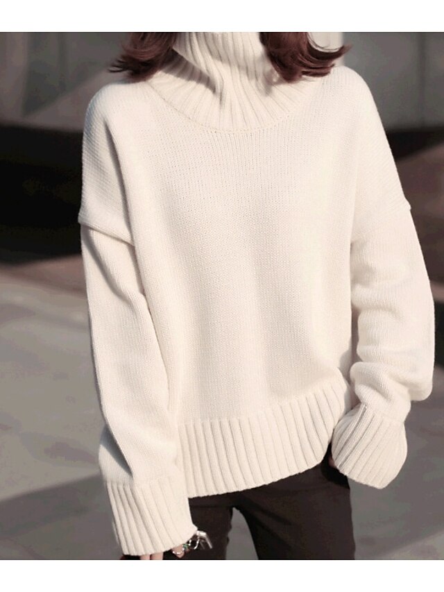  Damen Alltag Freizeit Solide Langarm Standard Pullover, Rollkragen Baumwolle Weiß / Grau