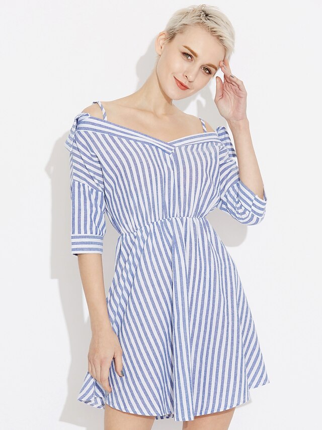  Women's Cotton Loose Dress - Striped Boat Neck