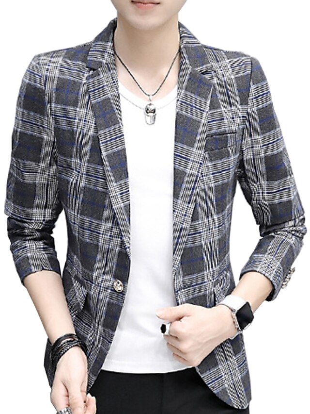  Men's Going out / Work Simple Spring / Fall Regular Blazer, Plaid V Neck Long Sleeve Polyester Check Pattern Blue / Red