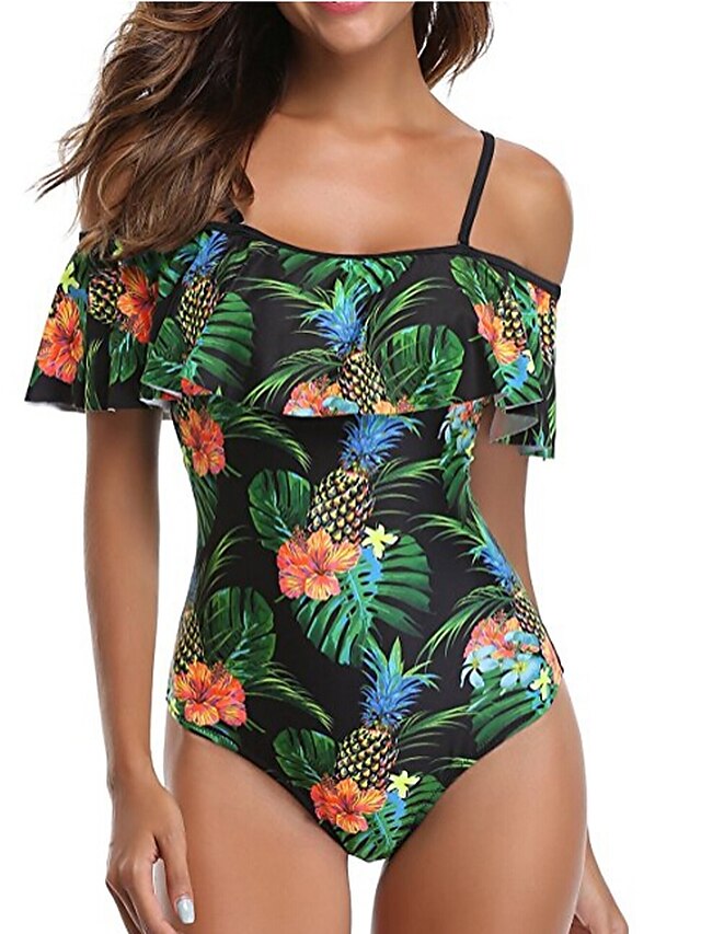  Women's Boho Strap / Off Shoulder Black Bandeau Briefs One-piece Swimwear - Floral Tropical Leaf Ruffle / Print L XL XXL / Sexy