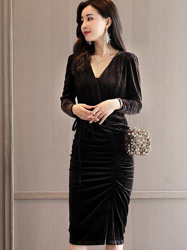  Women's Sheath Dress Midi Dress Black Blue Gray Brown Long Sleeve Solid Colored V Neck Velvet S M L XL XXL 3XL / Plus Size / Plus Size