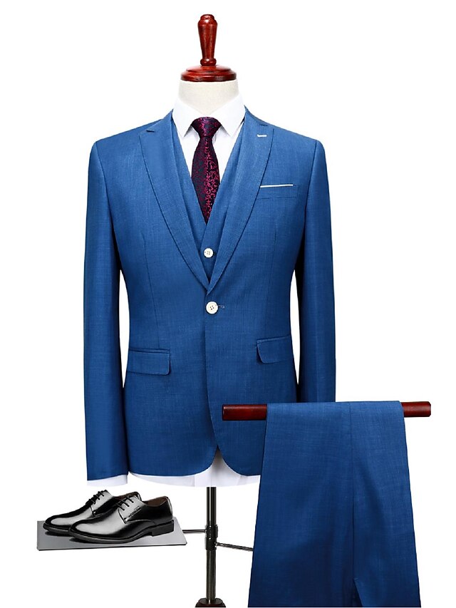  Blau Weite Passform Polyester Anzug - Steigendes Revers / Umlegekragen Einreiher - 1 Knopf / Anzüge