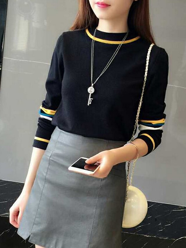  Women's Daily Solid Colored / Striped Long Sleeve Short Pullover, Round Neck Fall / Winter White / Black One-Size