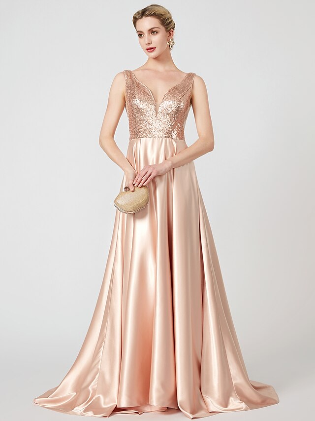  Ball Gown Pastel Colors Dress Holiday Cocktail Party Sweep / Brush Train Sleeveless Plunging Neck Stretch Satin with Pleats Sequin 2023