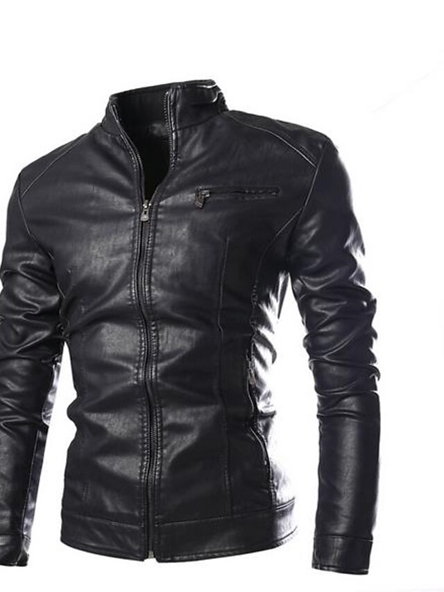  Men's Jacket Faux Leather Jacket Daily Wear Weekend Thermal Warm Rain Waterproof Fall Solid Colored Round Neck Regular Cotton Slim Black Brown Jacket