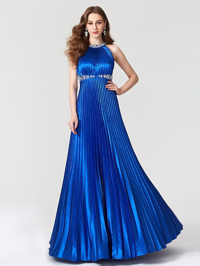  A-Line Beautiful Back Dress Holiday Cocktail Party Floor Length Sleeveless Jewel Neck Satin with Pleats Beading 2024