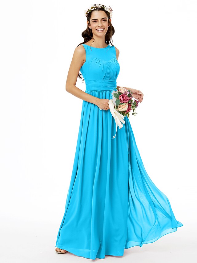 ALine Bridesmaid Dress Jewel Neck Sleeveless Open Back Floor Length Chiffon with Sash / Ribbon