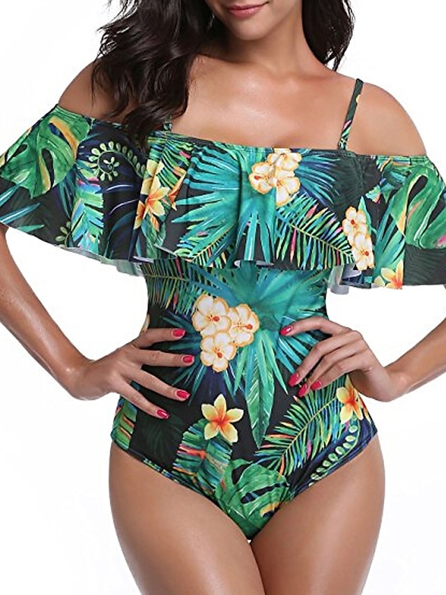  Women's Swimwear One Piece Swimsuit Ruffle Print Floral Green White Bandeau Off Shoulder Bathing Suits / Strap / Sexy / Strap
