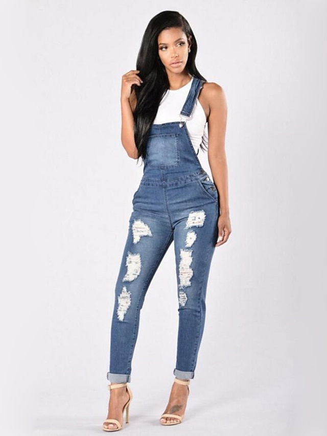  Women's Jeans Trousers Cotton Blend Mid Rise Streetwear Cotton Ripped Solid Colored Blue S / Overalls / Skinny