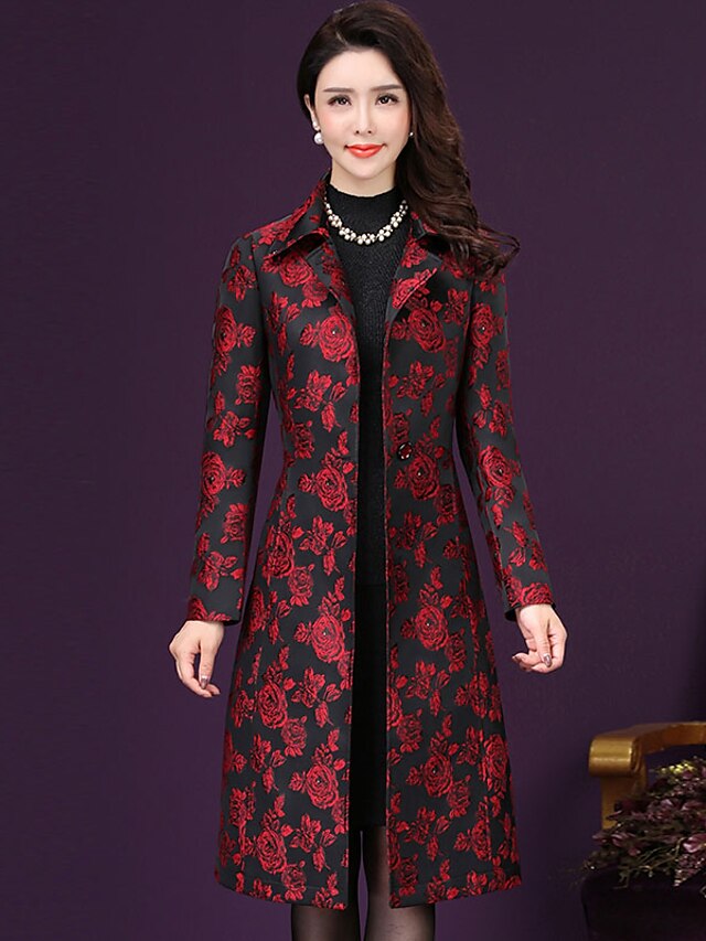  Women's Trench Coat Going out Winter Fall Maxi Coat Regular Fit Jacket Long Sleeve Floral Print Red