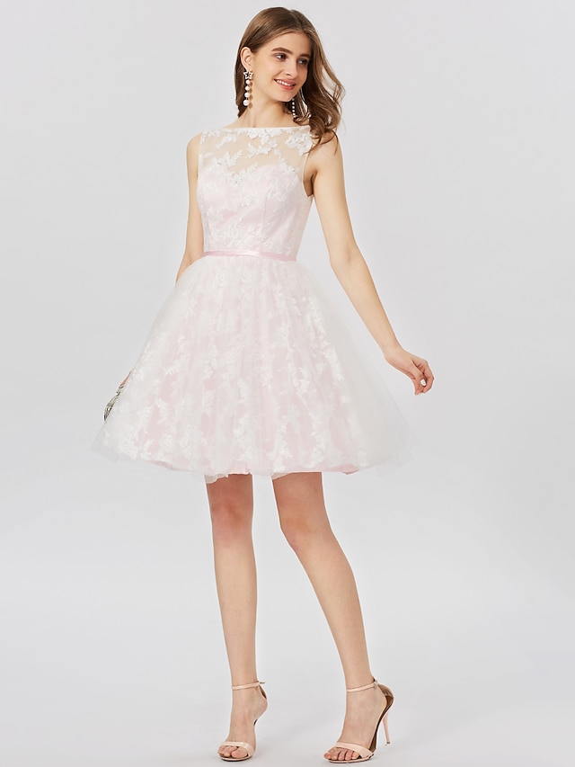 Ball Gown Cute Dress Cocktail Party Formal Evening Short / Mini Sleeveless Bateau Neck All Over Lace V Back with Sash / Ribbon Pleats 2023