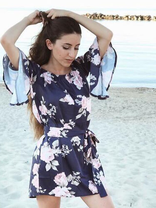  Women's Off Shoulder Daily Going out Club Boho Flare Sleeve Asymmetrical Sheath Dress - Floral Backless Boat Neck Spring Navy Blue M L XL