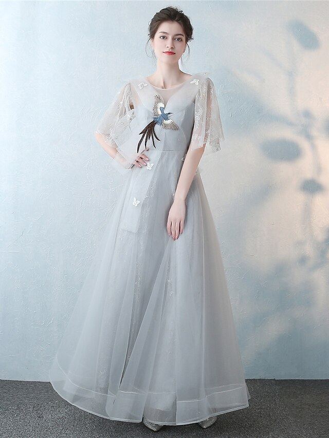  Γραμμή Α Με Κόσμημα Μέχρι τον αστράγαλο Τούλι Sheer Lace Επίσημο Βραδινό Φόρεμα με Κέντημα Δαντέλα με Embroidered Bridal