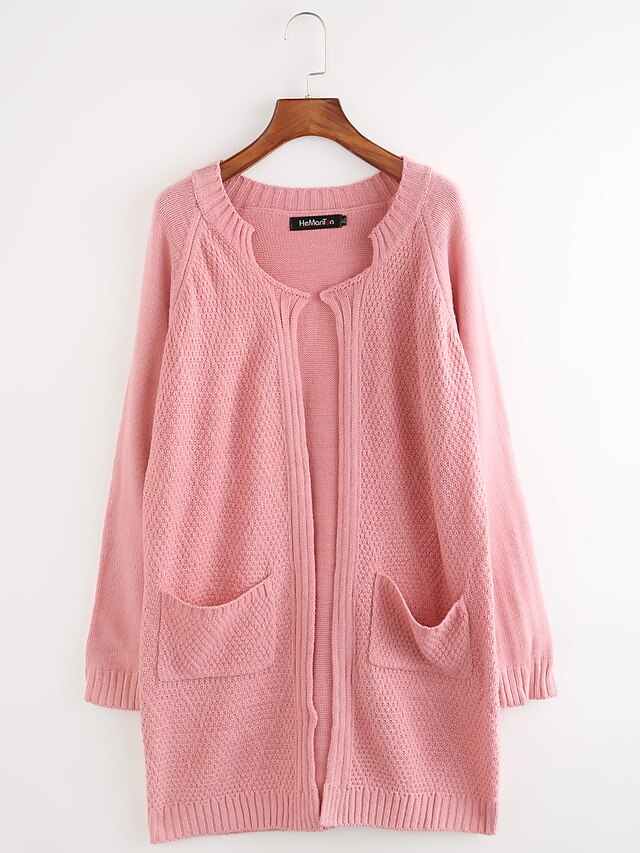  Women's Daily / Going out Casual Solid Colored Long Sleeve Long Cardigan, Stand Spring / Fall Cotton Pink XXXL / 4XL / XXXXXL