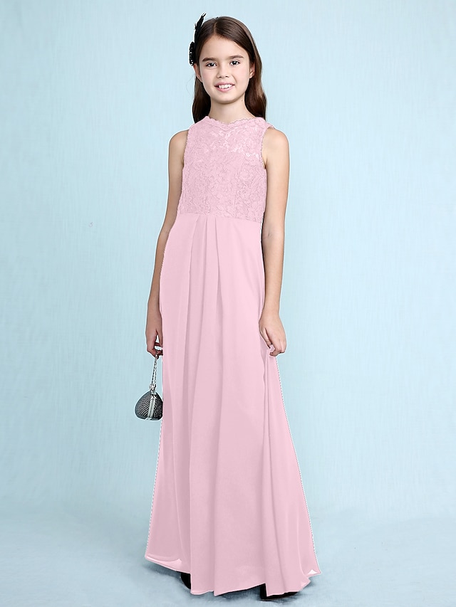  Ίσια Γραμμή Μακρύ Λαιμός σέσουλα Σιφόν Junior Bridesmaid Dresses & Gowns Με Δαντέλα Νυφικά Φορέματα 4-16 ετών