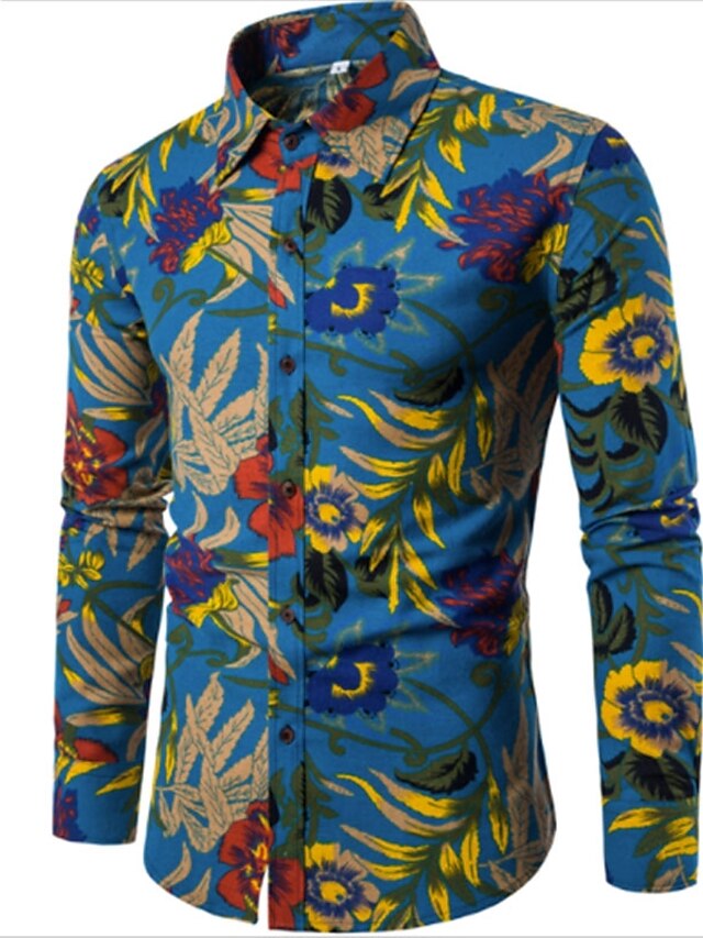  Men's Shirt Floral Plus Size Shirt Collar Going out Weekend Long Sleeve Slim Tops Boho Blue / Fall / Spring