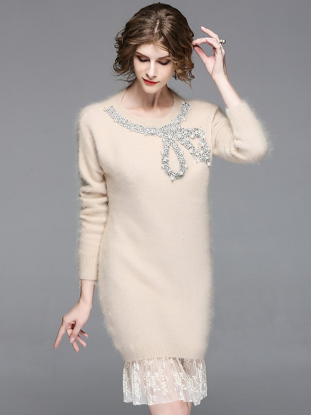  Damskie Wyjściowe Moda miejska Sweter Sukienka - Solidne kolory, Koraliki Do kolan