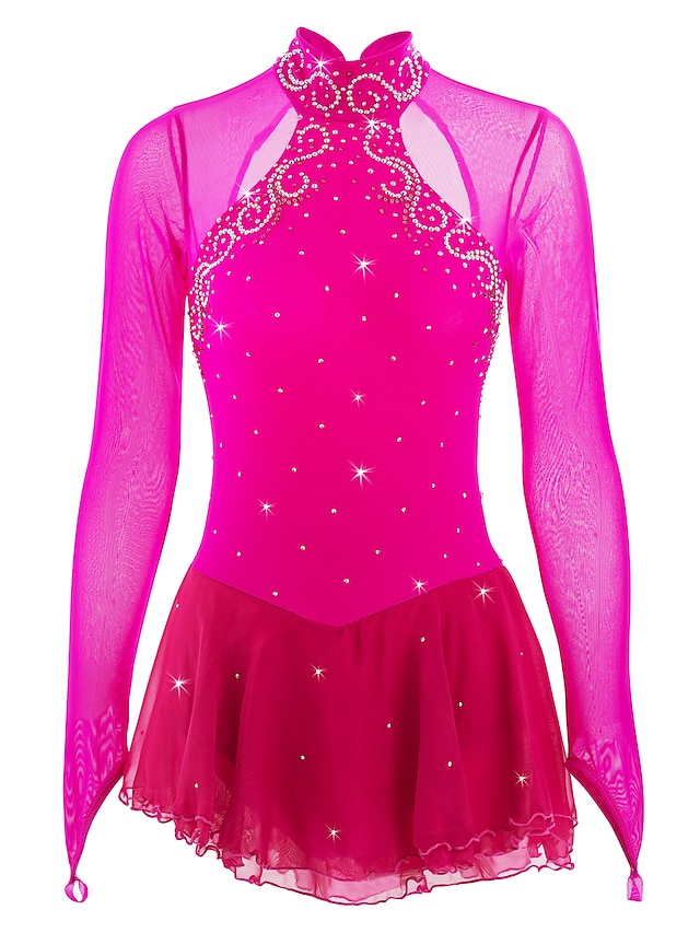  Robe de Patinage Artistique Femme Fille Patinage Robes Tenue Pêche Patchwork Dos ouvert Spandex Haute élasticité Compétition Tenue de Patinage Fait à la main A Bijoux Strass manche longue Patinage