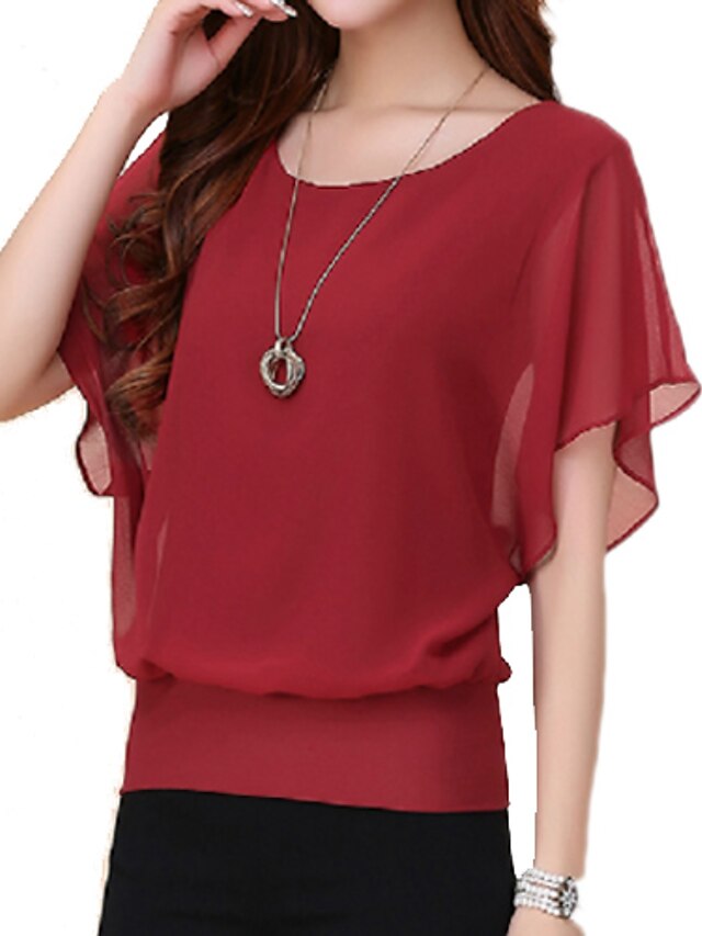  Mulheres Camiseta Cor Sólida Tamanho Grande Decote Redondo Frufru Manga Curta Blusas Vinho Branco Preto
