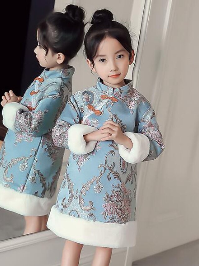  Girls' Long Sleeve Floral Patchwork Embroidery 3D Printed Graphic Dresses Vintage Chinoiserie Polyester Dress Fall Winter Daily Going out