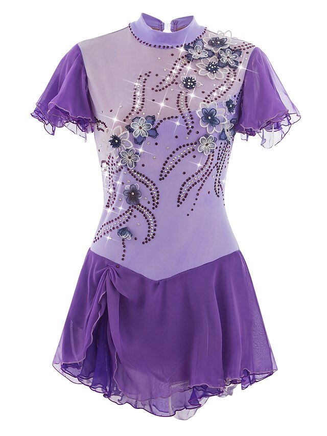  Φόρεμα για φιγούρες πατινάζ Γυναικεία Κοριτσίστικα Patinaj Φορέματα Σύνολα Ανοικτό Βυσσινί Λουλούδι Σπαντέξ Υψηλή Ελαστικότητα Ανταγωνισμός Ενδυμασία πατινάζ Χειροποίητο / Τεχνητό διαμάντι