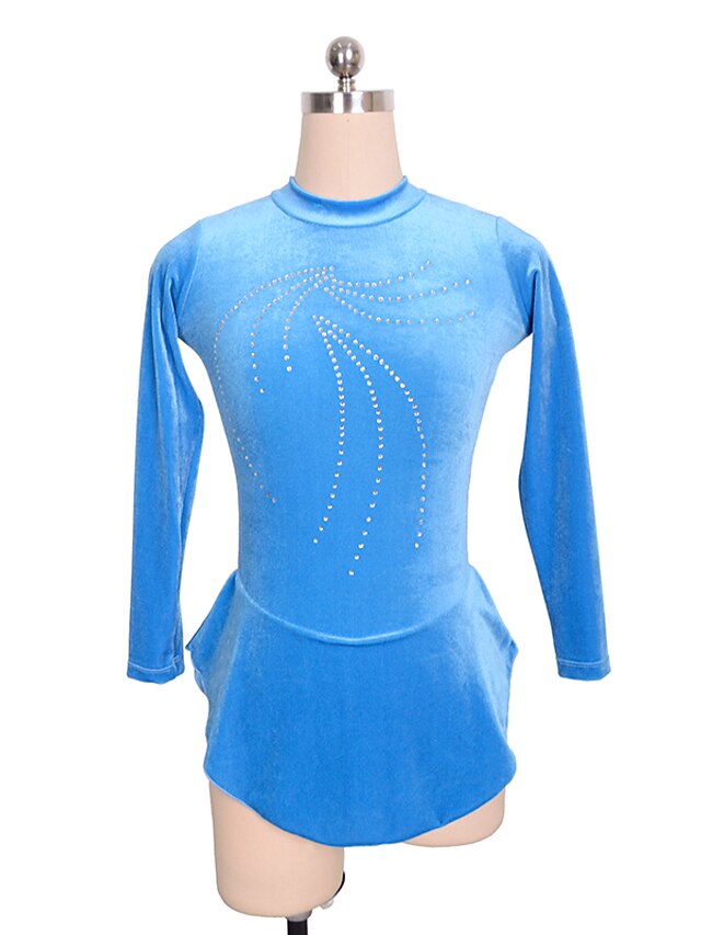  Figure Skating Dress Women's Girls' Ice Skating Dress Blue Spandex Inelastic Training Competition Skating Wear Solid Colored Long Sleeve Ice Skating Figure Skating