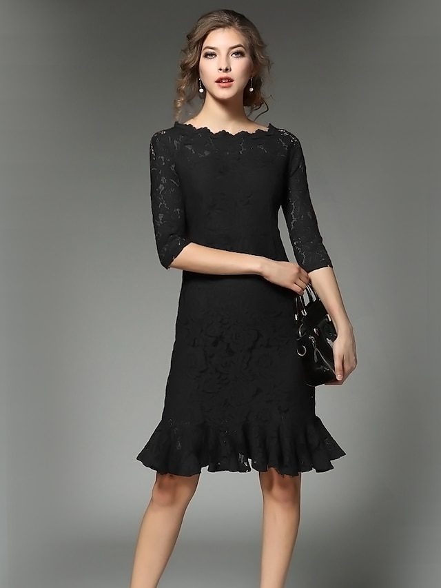  Women's Ruffle Going out Vintage A Line Dress - Solid Colored Lace Boat Neck Fall Black Red M L XL