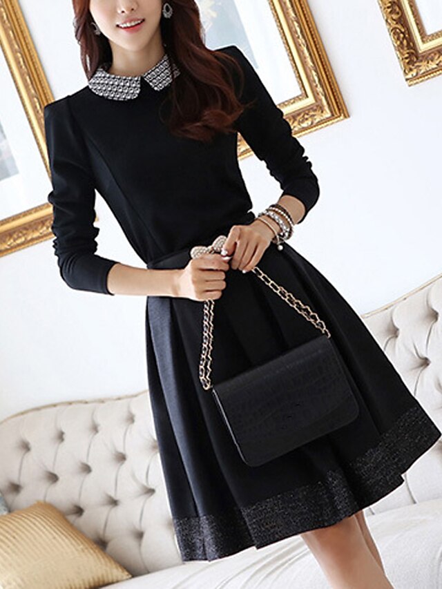  Women's Daily Slim Sheath Skater Dress - Solid Colored Shirt Collar Spring Black L XL XXL