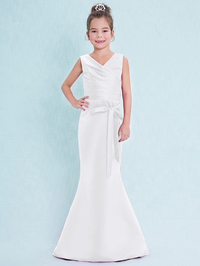 Mermaid / Trumpet Floor Length V Neck Satin Junior Bridesmaid Dresses ...