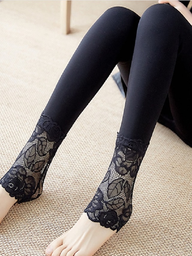  Mujer Con Forro Legging - Un Color, Encaje Negro Tamaño Único / Invierno