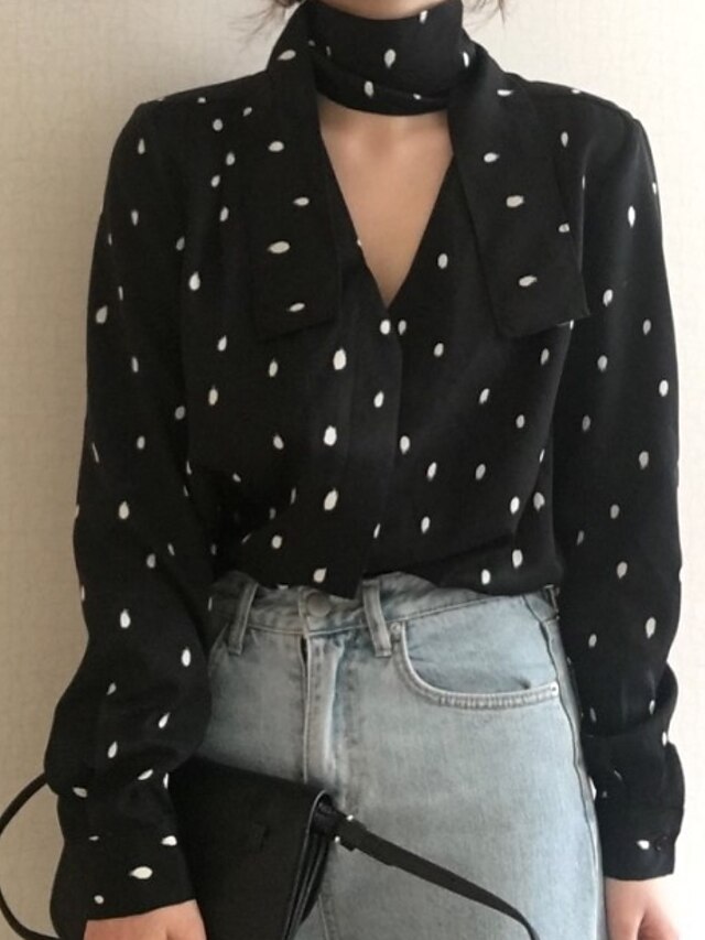  Women's Shirt Polka Dot V Neck Daily Long Sleeve Tops Simple Black