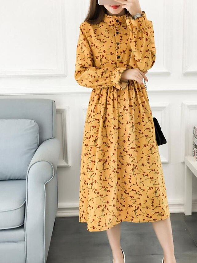  Women's Casual / Daily Chiffon Dress - Color Block Print Crew Neck Spring Cotton Yellow L XL XXL