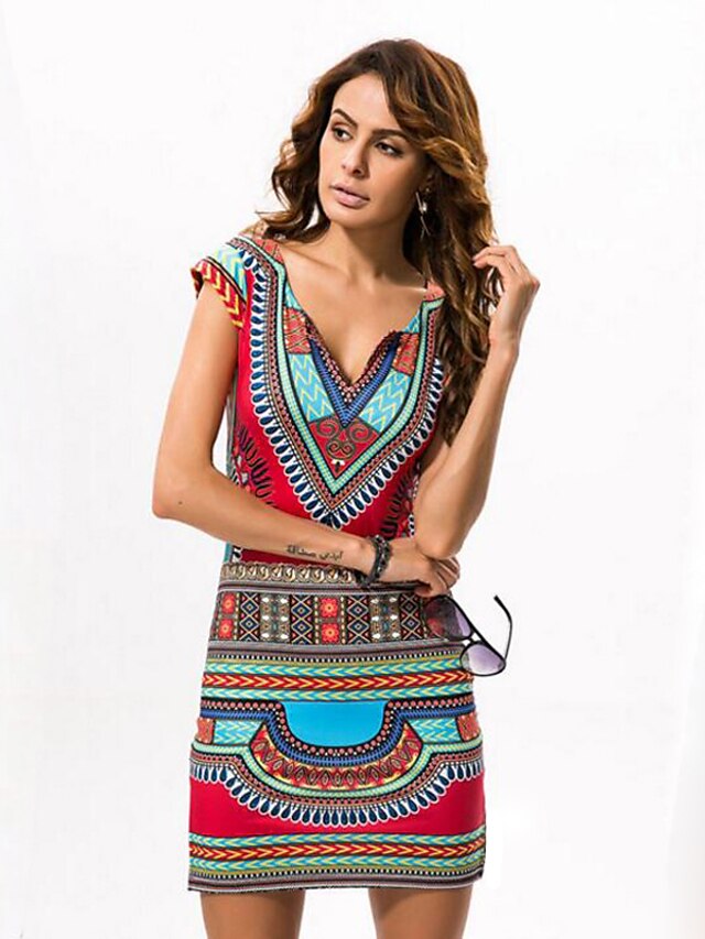  Mujer Festivos Chic de Calle Corte Bodycon Vestido - Estampado, Tribal Mini Escote en Pico / Delgado