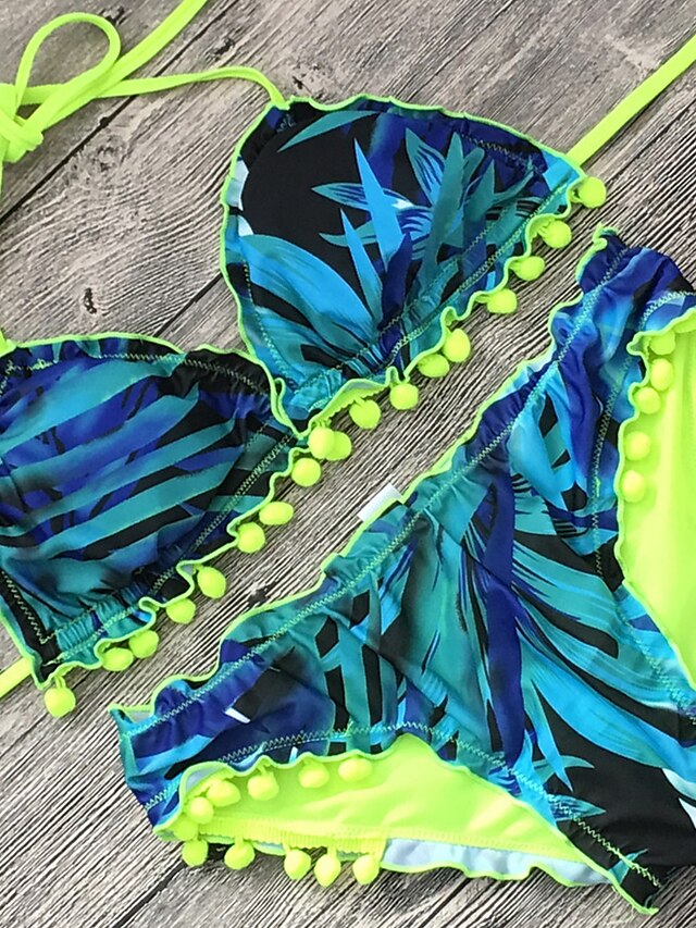  نسائي مثلث بوهو بيكيني ملابس السباحة طباعة ورد قبة مرتفعة حول الرقبة ملابس السباحة بدلة سباحة أخضر