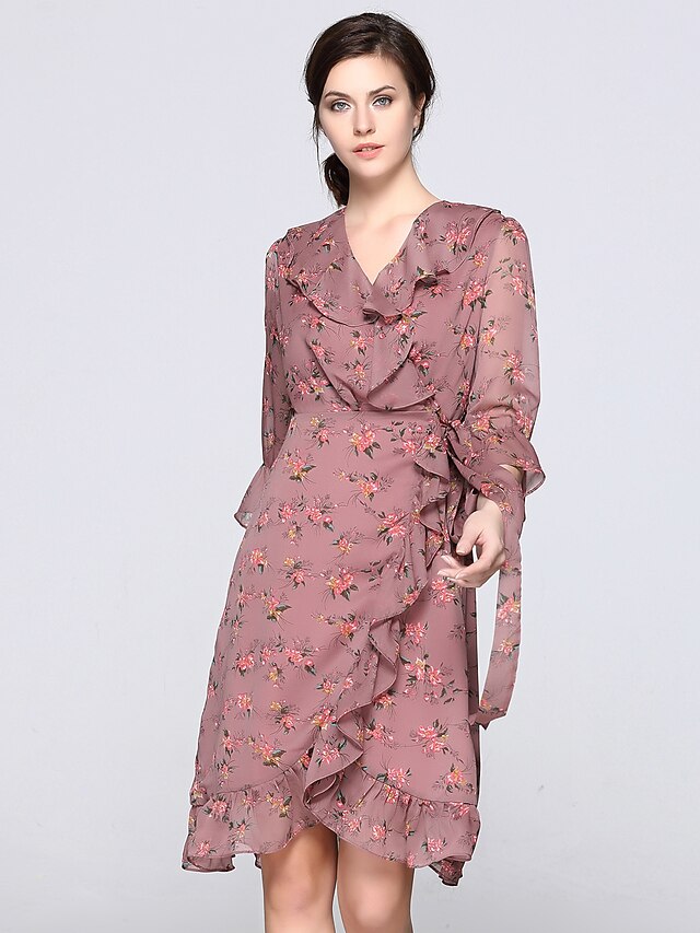  Women's Daily Going out Street chic Sophisticated A Line Sheath Swing Dress - Floral Ruffle Ruched Print V Neck Spring Blushing Pink M L XL