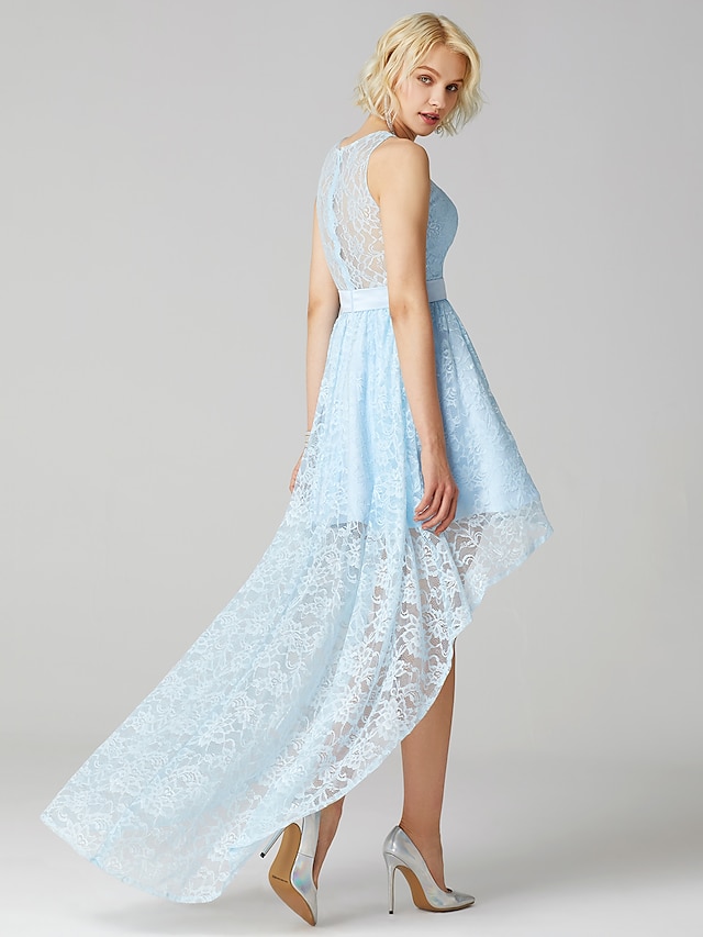  A-Line Bridesmaid Dress Jewel Neck Sleeveless Sparkle & Shine Asymmetrical Lace with Sash / Ribbon