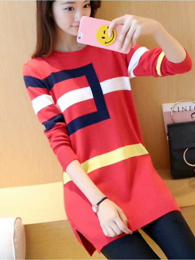  Women's Daily Print Color Block Long Sleeve Long Pullover Sweater Jumper, Round Neck Wine / Blushing Pink / Red S / M / L