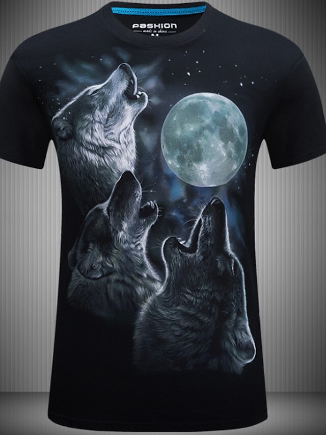  Men's Animal Wolf Print T-shirt Daily Round Neck Black / Blue / Summer / Short Sleeve
