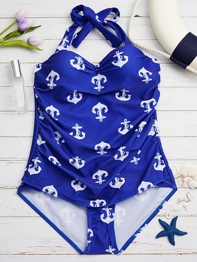  Women's Floral One-piece Swimsuit Artistic Style Print Bandeau Swimwear Bathing Suits Navy Blue