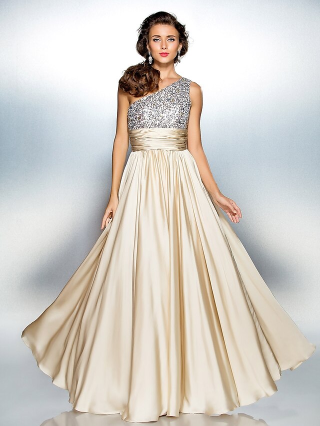  A-Line Sparkle Dress Prom Floor Length Sleeveless One Shoulder Chiffon Over Satin with Sequin 2022