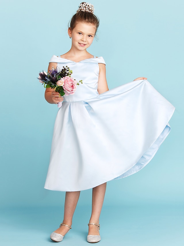  Prințesă Lungimea ceaiului De Pe Umăr Satin Rochii și rochii de domnișoară de onoare pentru juniori Cu Pliuri Rochie de nunta pentru copii 4-16 ani