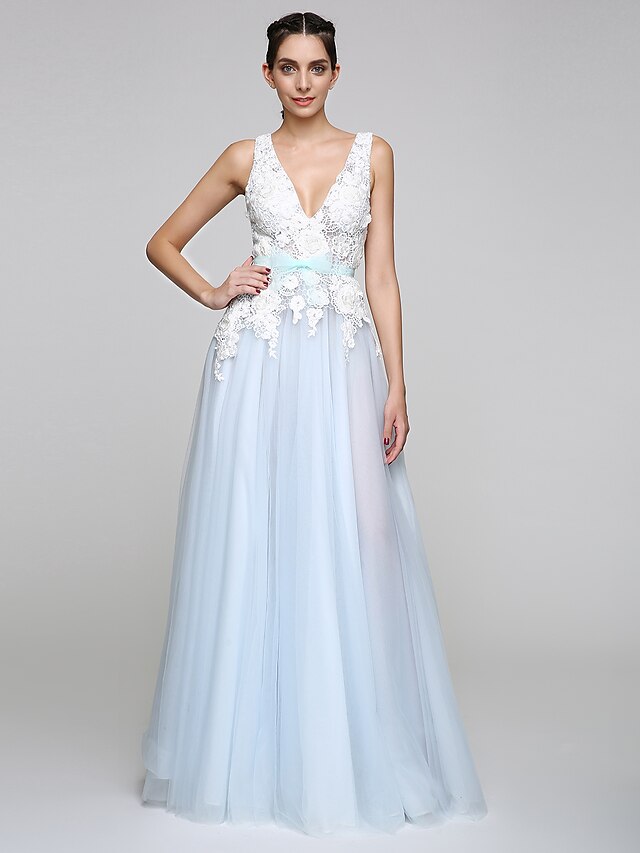  A-Line Open Back Prom Formal Evening Dress Plunging Neck Sleeveless Floor Length Tulle with Bow(s) Appliques
