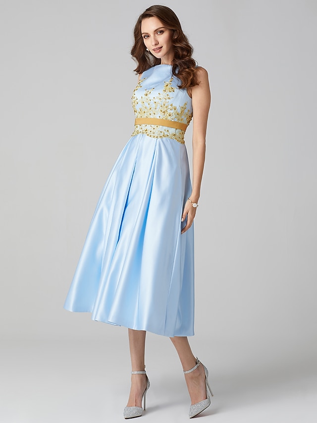 A Line Jewel Light Nude Tea Length Ball Dress with Long Sleeves main image 1