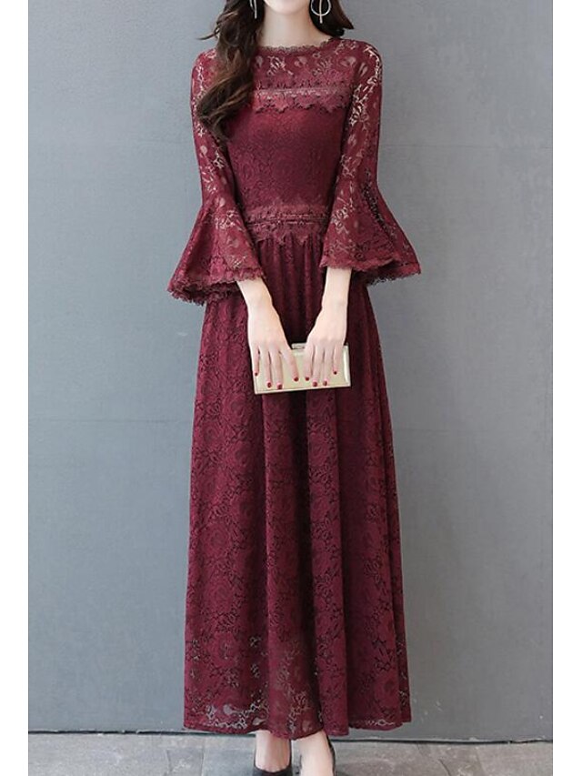  Women's Swing Dress Maxi long Dress Black Purple Long Sleeve Solid Colored Lace Fall Spring Round Neck Sophisticated Flare Cuff Sleeve Regular Fit Flare Sleeve M L XL XXL 3XL 4XL 5XL / Cotton