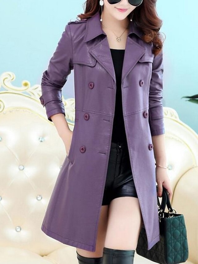  Women's Daily Fall / Winter Long Trench Coat, Solid Colored Shirt Collar Long Sleeve Others Black / Purple / Wine XXL / XXXL / 4XL