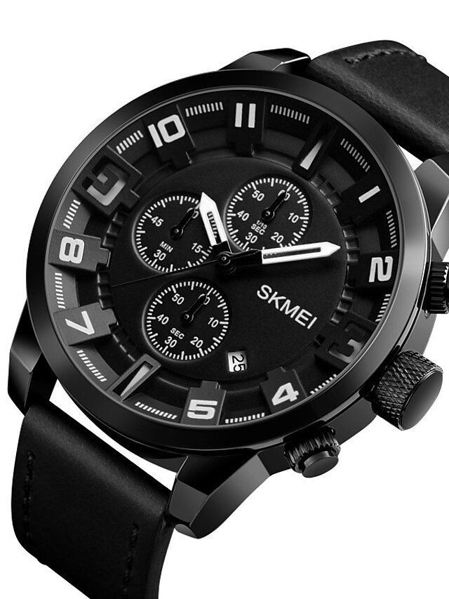  SKMEI Men's Wrist Watch Quartz Luxury Water Resistant / Waterproof Genuine Leather Black Analog - Black Yellow Red / Calendar / date / day / Stopwatch