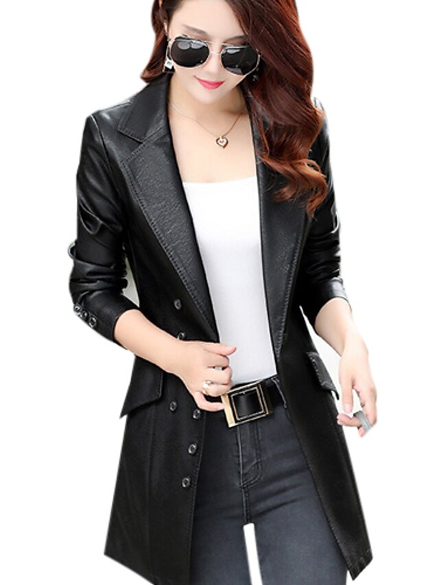  Women's Faux Leather Jacket Daily Fall Winter Regular Coat Peter Pan Collar Streetwear Jacket Long Sleeve Solid Colored Gray Green Black