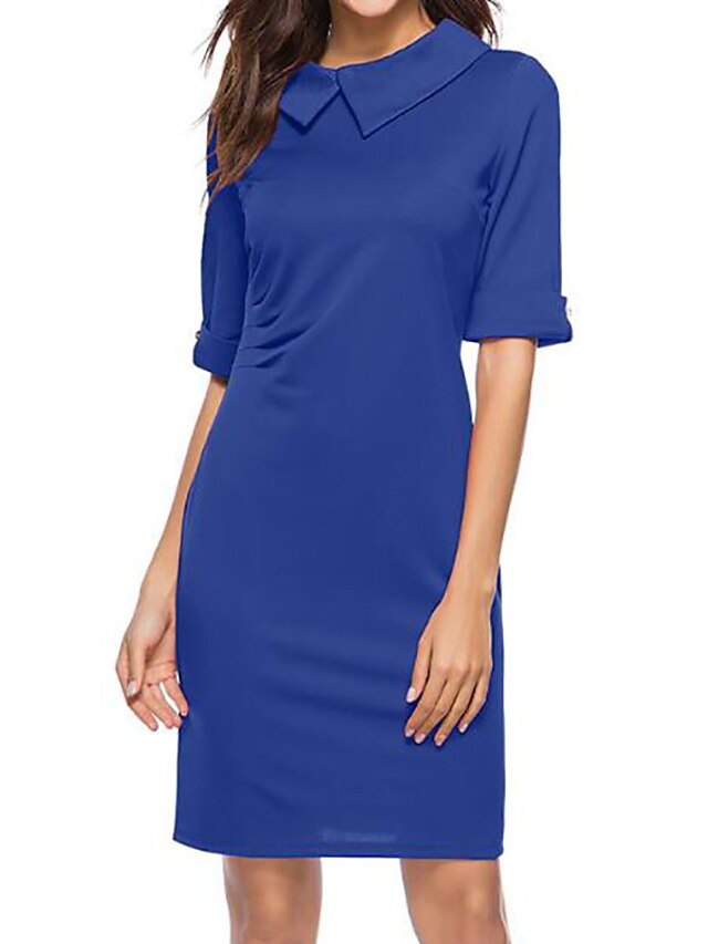  Women's Daily Basic Slim Sheath Dress - Solid Color Blue Peter Pan Collar Summer Green Black Wine L XL XXL